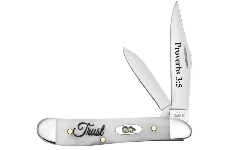 Case Religious Sayings Embellished Peanut Folding Knife - view 2
